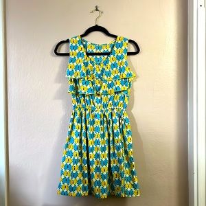 Blue Yellow Butterfly Print Sleeveless Ruffle Mini Dress S